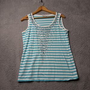 Style & Co Tank Top Women’s Petite Large White & Blue Striped Sparkly Sleeveless